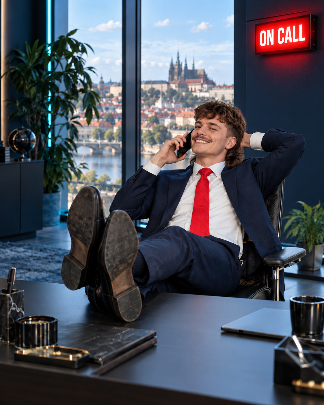 Usměvavý obchodník s mulletem a knírkem, v obleku a zářivě červené kravatě, telefonuje s nohama na stole. Na stěně svítí červená cedule ON CALL.
